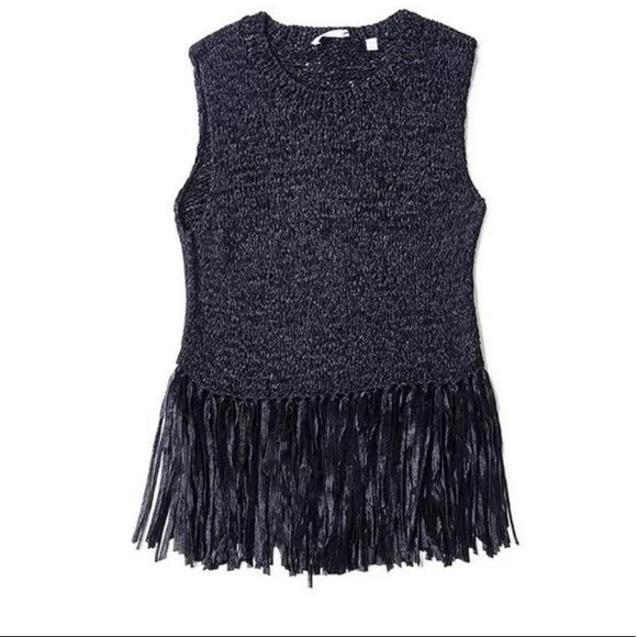 A.L.C. Black Bette Fringed Stretch Crochet-knit Tank Top/Cami - Picture 3 of 11